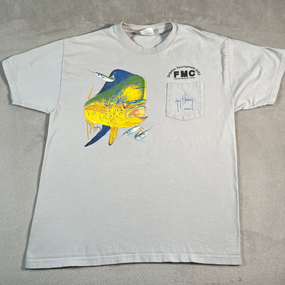 Vintage Guy Harvey 2002 Dolphin Tournament Fishing Pocket T-Shirt Gray Mens L